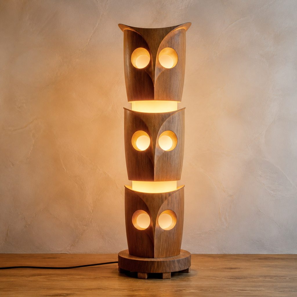 Stacked Owl Floor Lamp shown as an original square photorealistic wooden owl lamp with authentic wood grain, recognizable animal form, and warm diffused light