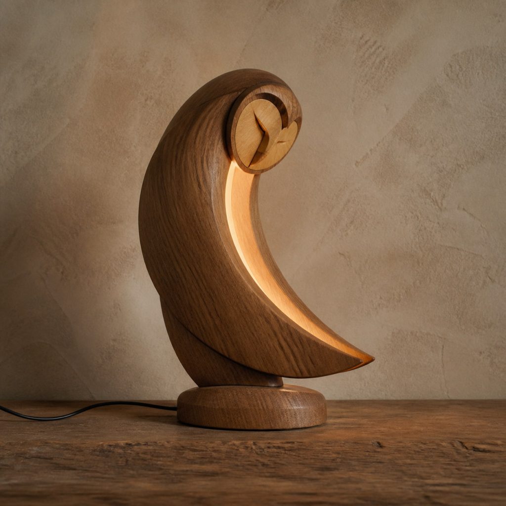 Owl Crescent Lamp shown as an original square photorealistic wooden owl lamp with authentic wood grain, recognizable animal form, and warm diffused light