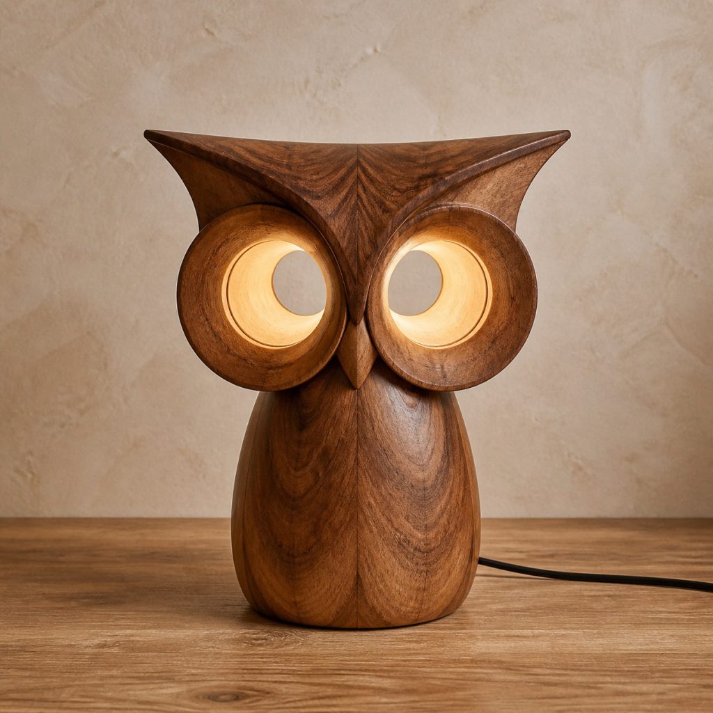 Bookmatched Ring-Eye Owl Lamp shown as an original square photorealistic wooden owl lamp with authentic wood grain, recognizable animal form, and warm diffused light