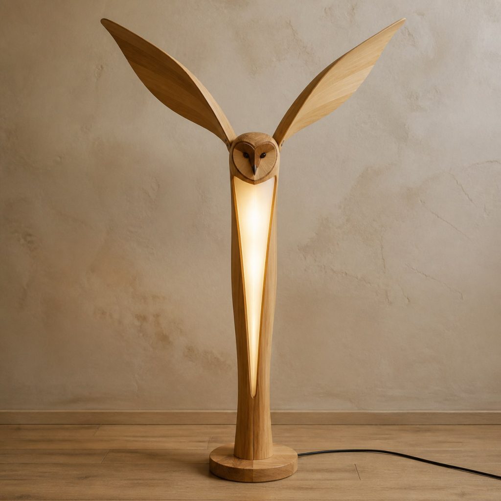 Flying Owl Floor Lamp shown as an original square photorealistic wooden owl lamp with authentic wood grain, recognizable animal form, and warm diffused light