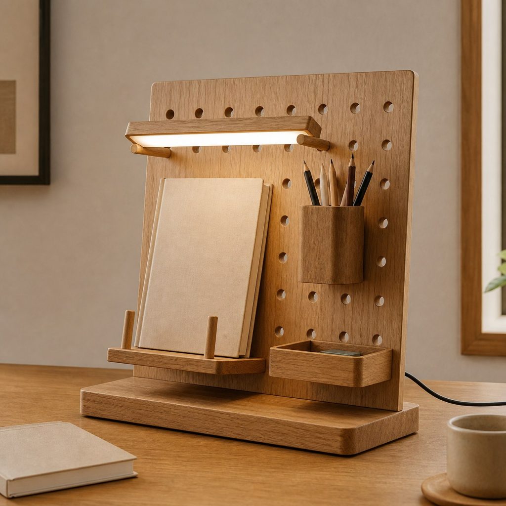 Oak Pegboard Organizer Lamp shown as an original square photorealistic wooden pegboard lamp with believable joinery, warm diffused light, and protected hardware
