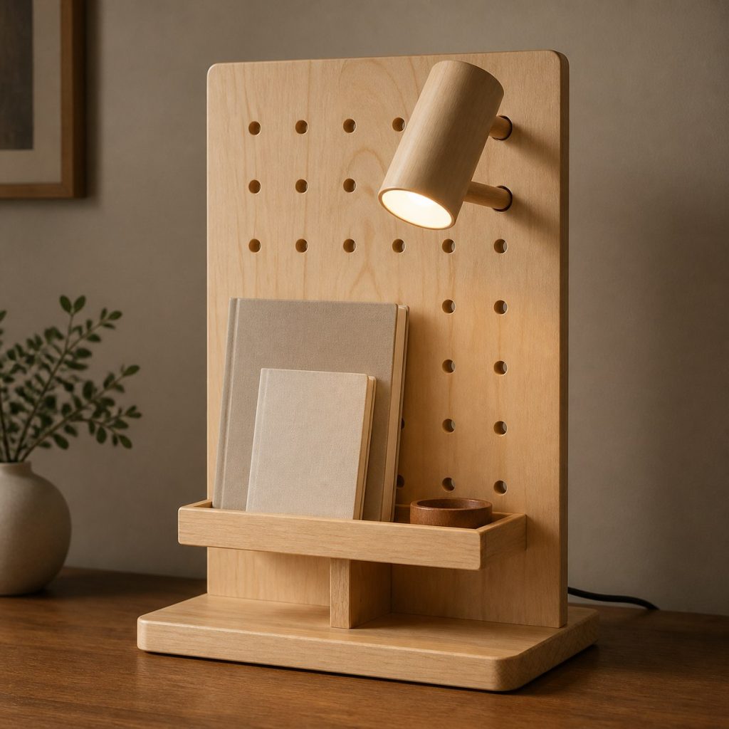 Maple Bedside Pegboard Lamp shown as an original square photorealistic wooden pegboard lamp with believable joinery, warm diffused light, and protected hardware