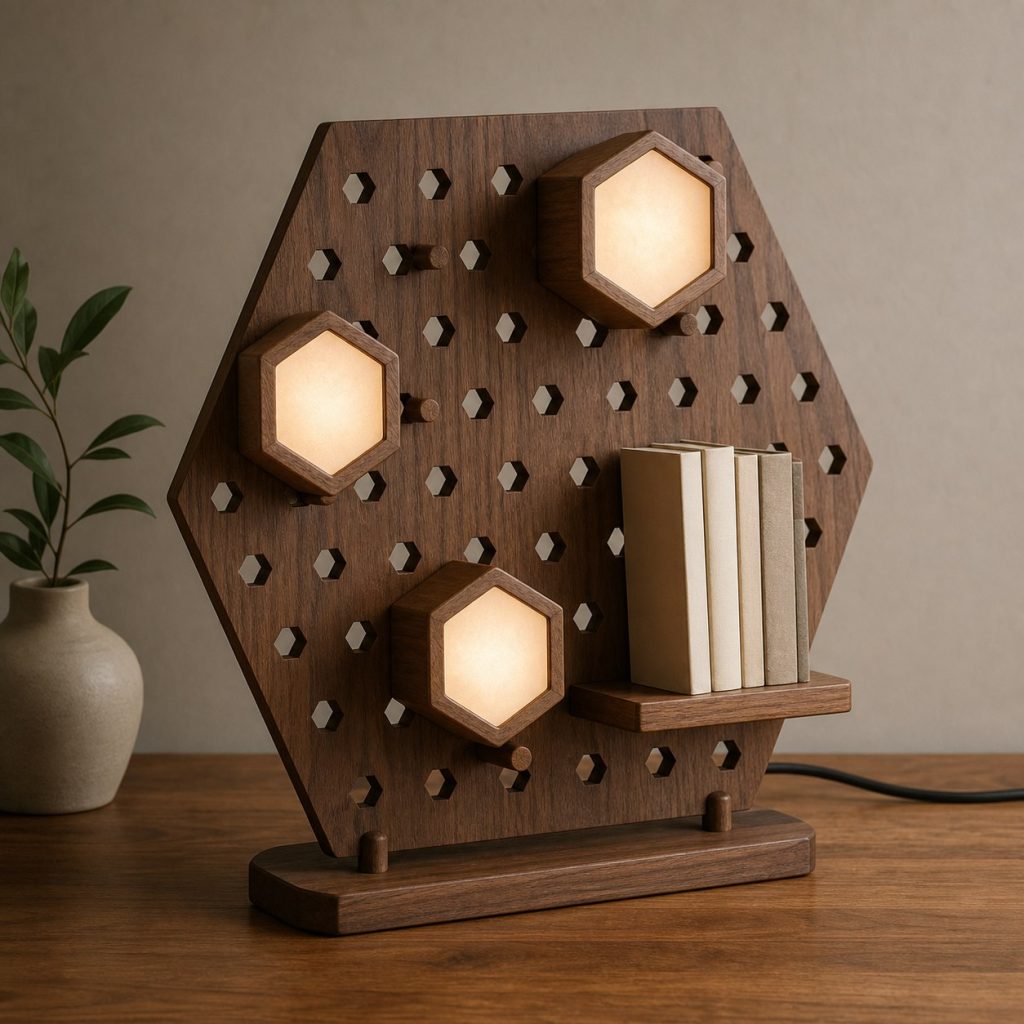 Walnut Hexagonal Module Lamp shown as an original square photorealistic wooden pegboard lamp with believable joinery, warm diffused light, and protected hardware