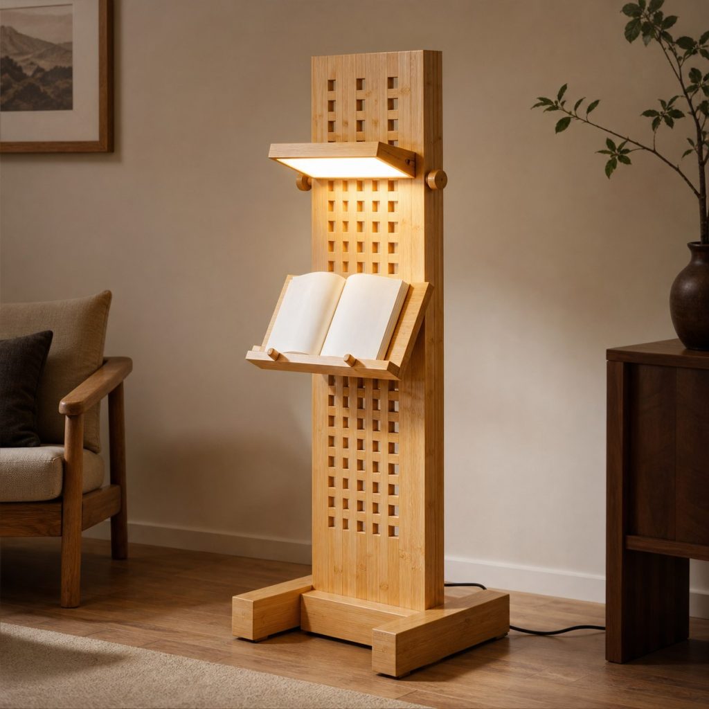 Bamboo Grid Floor Lamp shown as an original square photorealistic wooden pegboard lamp with believable joinery, warm diffused light, and protected hardware