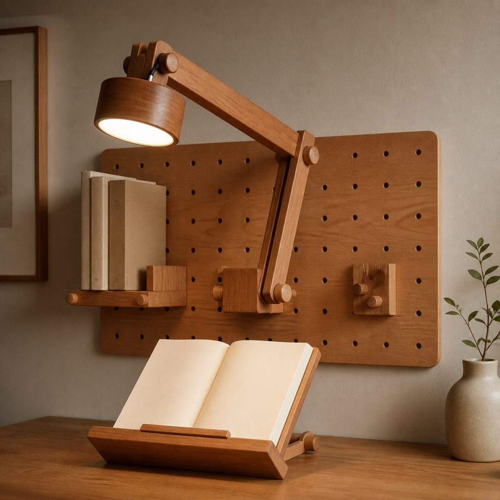 Cherry Pegboard Task Lamp shown as an original square photorealistic wooden pegboard lamp with believable joinery, warm diffused light, and protected hardware