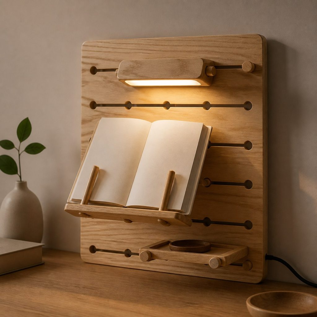 Ash Slotted Pegboard Lamp shown as an original square photorealistic wooden pegboard lamp with believable joinery, warm diffused light, and protected hardware