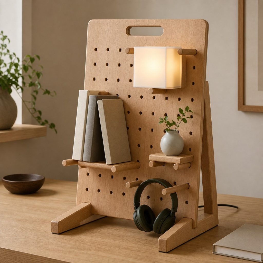 Beech Freestanding Pegboard Lamp shown as an original square photorealistic wooden pegboard lamp with believable joinery, warm diffused light, and protected hardware