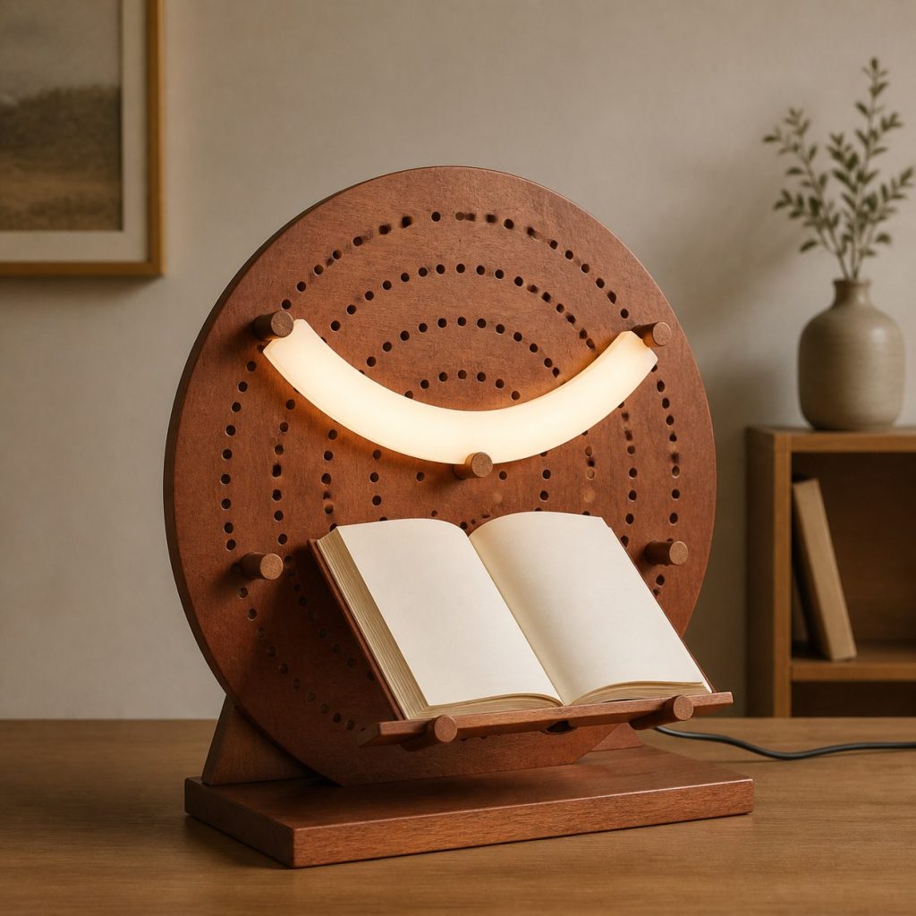 Sapele Radial Pegboard Lamp shown as an original square photorealistic wooden pegboard lamp with believable joinery, warm diffused light, and protected hardware