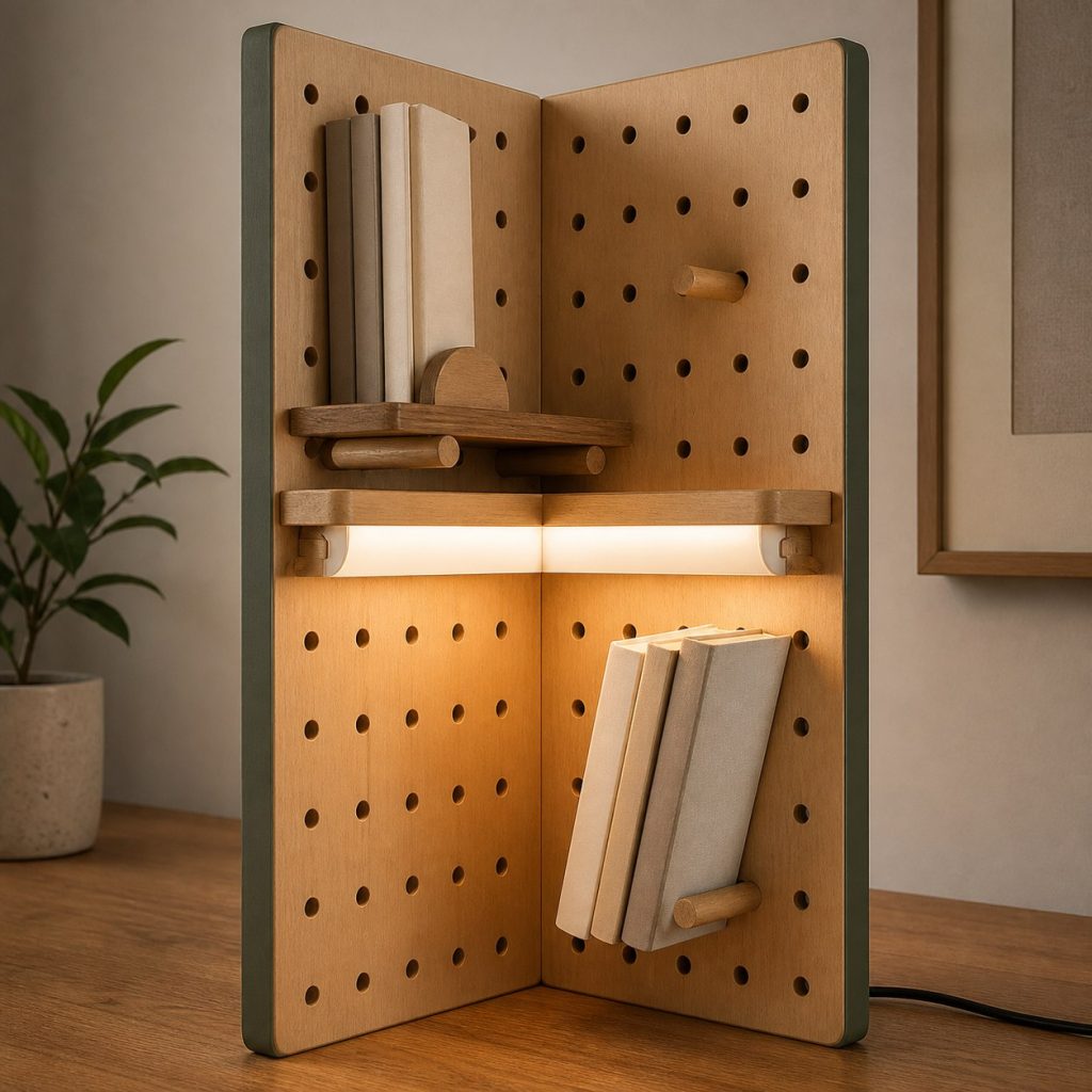 Plywood Corner Pegboard Lamp shown as an original square photorealistic wooden pegboard lamp with believable joinery, warm diffused light, and protected hardware