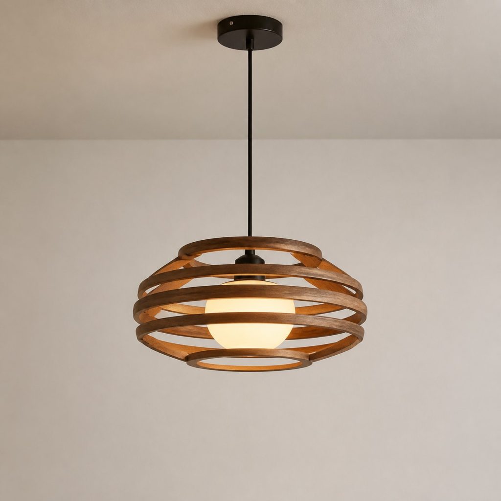 Layered Walnut Ring Pendant shown as a square photorealistic original ceiling-hung wooden pendant light with warm LED light and visible real wood grain