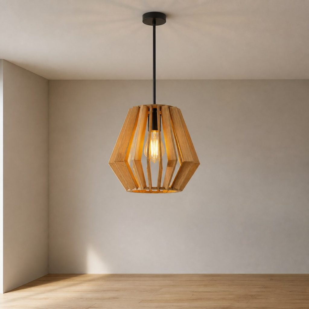 Geometric Oak Faceted Pendant shown as a square photorealistic original ceiling-hung wooden pendant light with warm LED light and visible real wood grain