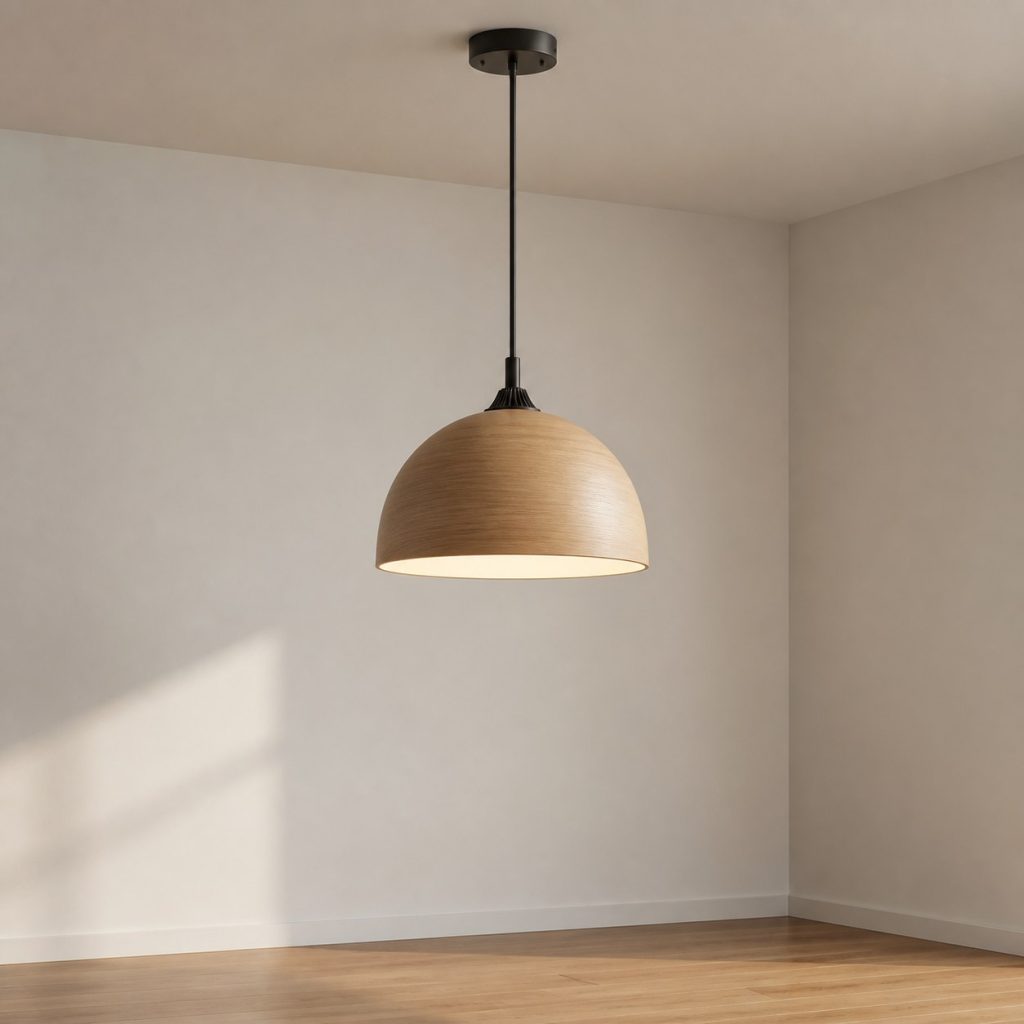 Laminated Ash Dome Pendant shown as a square photorealistic original ceiling-hung wooden pendant light with warm LED light and visible real wood grain