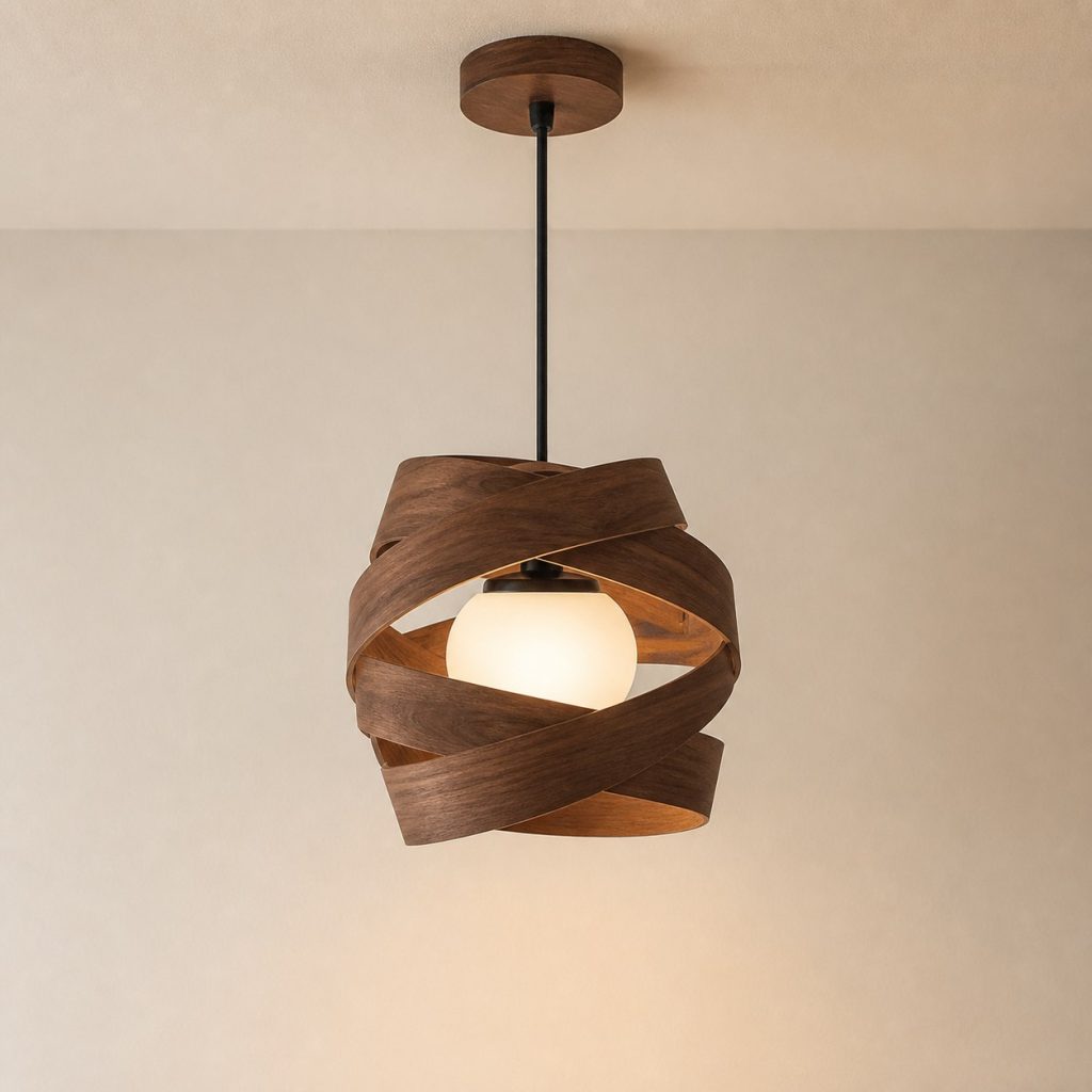Spiral Walnut Veneer Pendant shown as a square photorealistic original ceiling-hung wooden pendant light with warm LED light and visible real wood grain