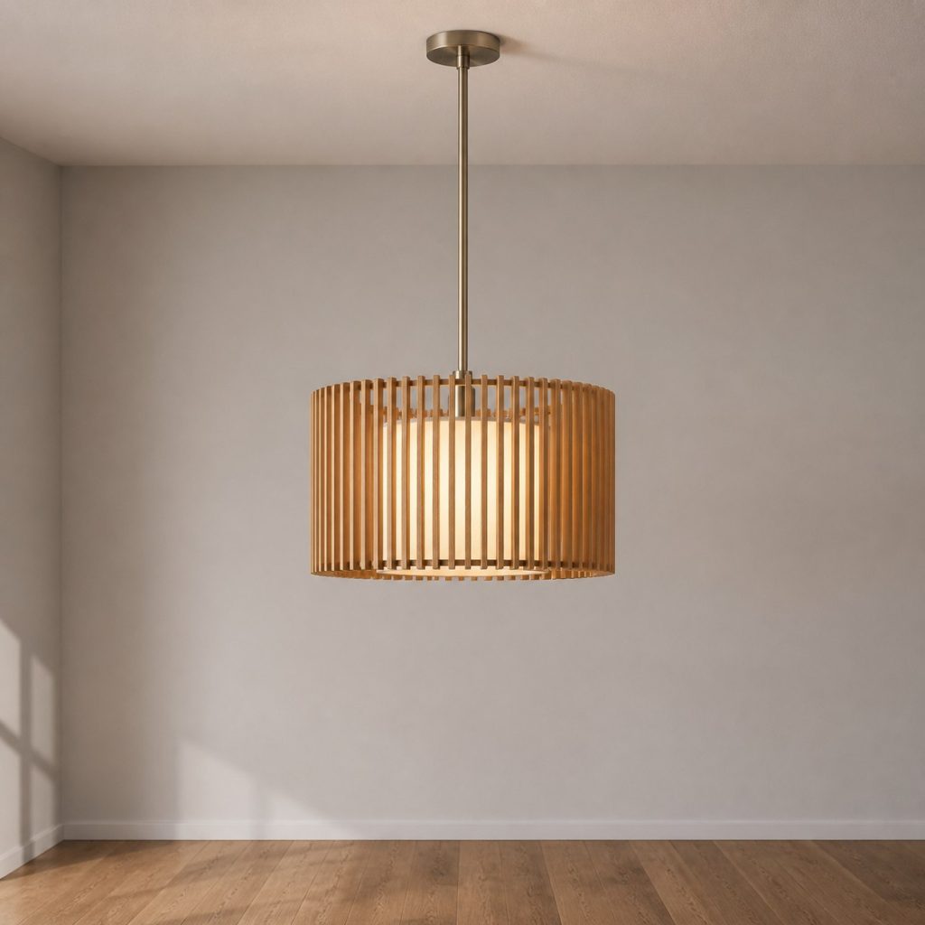Slatted White-Oak Drum Pendant shown as a square photorealistic original ceiling-hung wooden pendant light with warm LED light and visible real wood grain