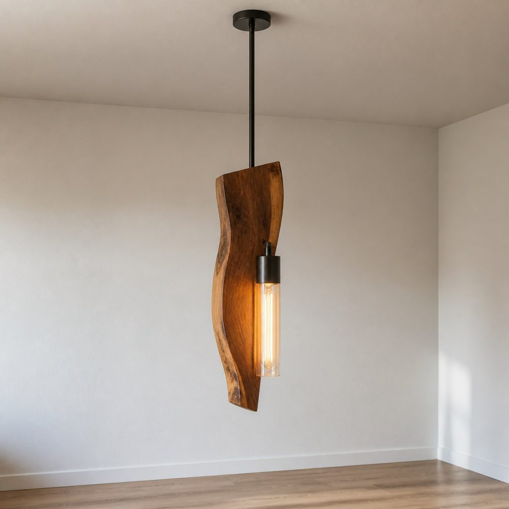Live-Edge Walnut Accent Pendant shown as a square photorealistic original ceiling-hung wooden pendant light with warm LED light and visible real wood grain