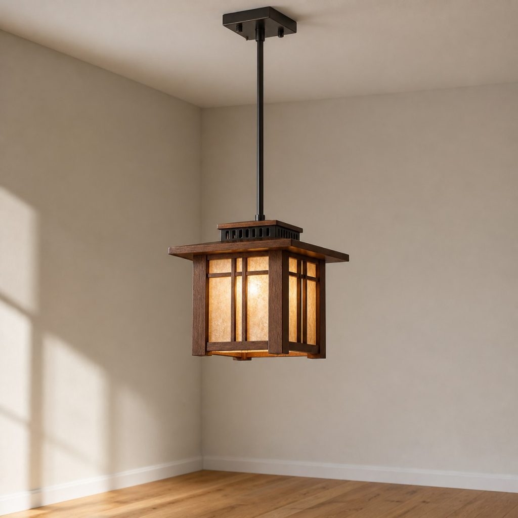 Mission Oak Lantern Pendant shown as a square photorealistic original ceiling-hung wooden pendant light with warm LED light and visible real wood grain