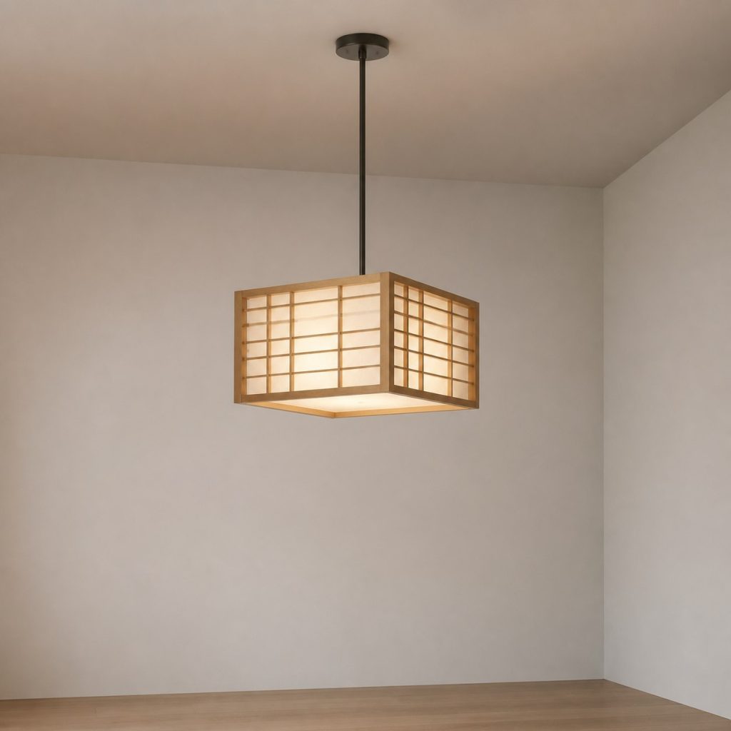 Japanese-Inspired Square Pendant shown as a square photorealistic original ceiling-hung wooden pendant light with warm LED light and visible real wood grain