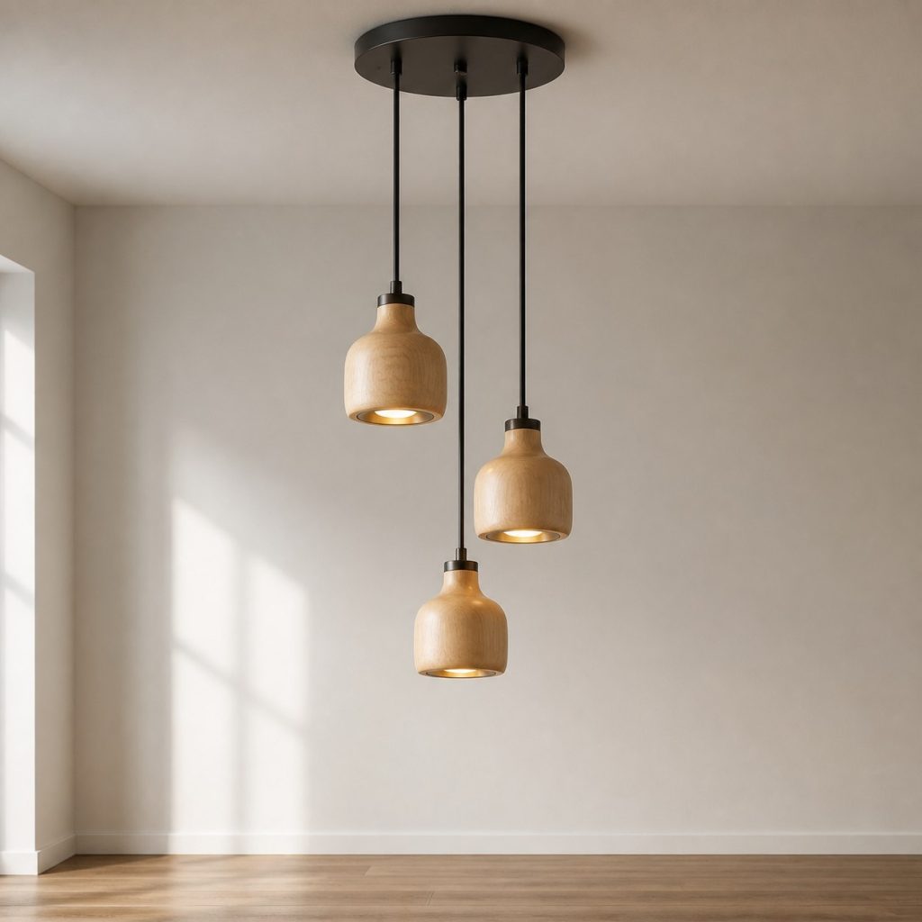 Three-Shade Maple Cluster Pendant shown as a square photorealistic original ceiling-hung wooden pendant light with warm LED light and visible real wood grain