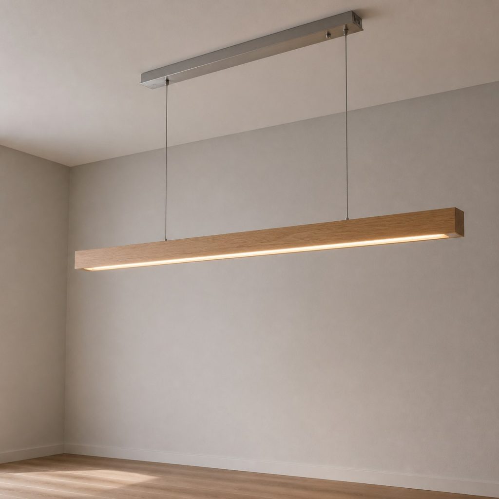 Linear Oak LED Pendant shown as a square photorealistic original ceiling-hung wooden pendant light with warm LED light and visible real wood grain