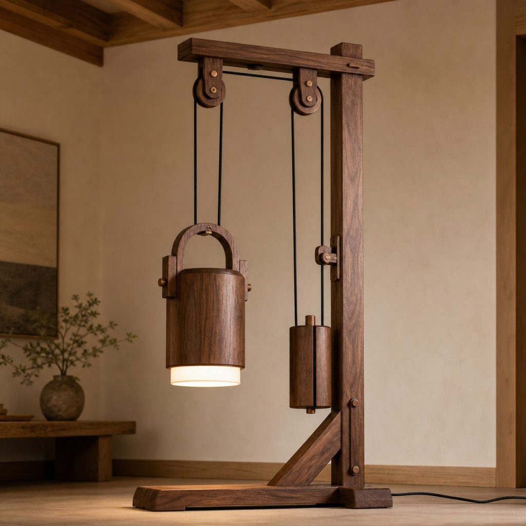 Walnut Double-Pulley Pendant shown as an original square photorealistic wooden pulley lamp with believable joinery, warm diffused light, and protected hardware