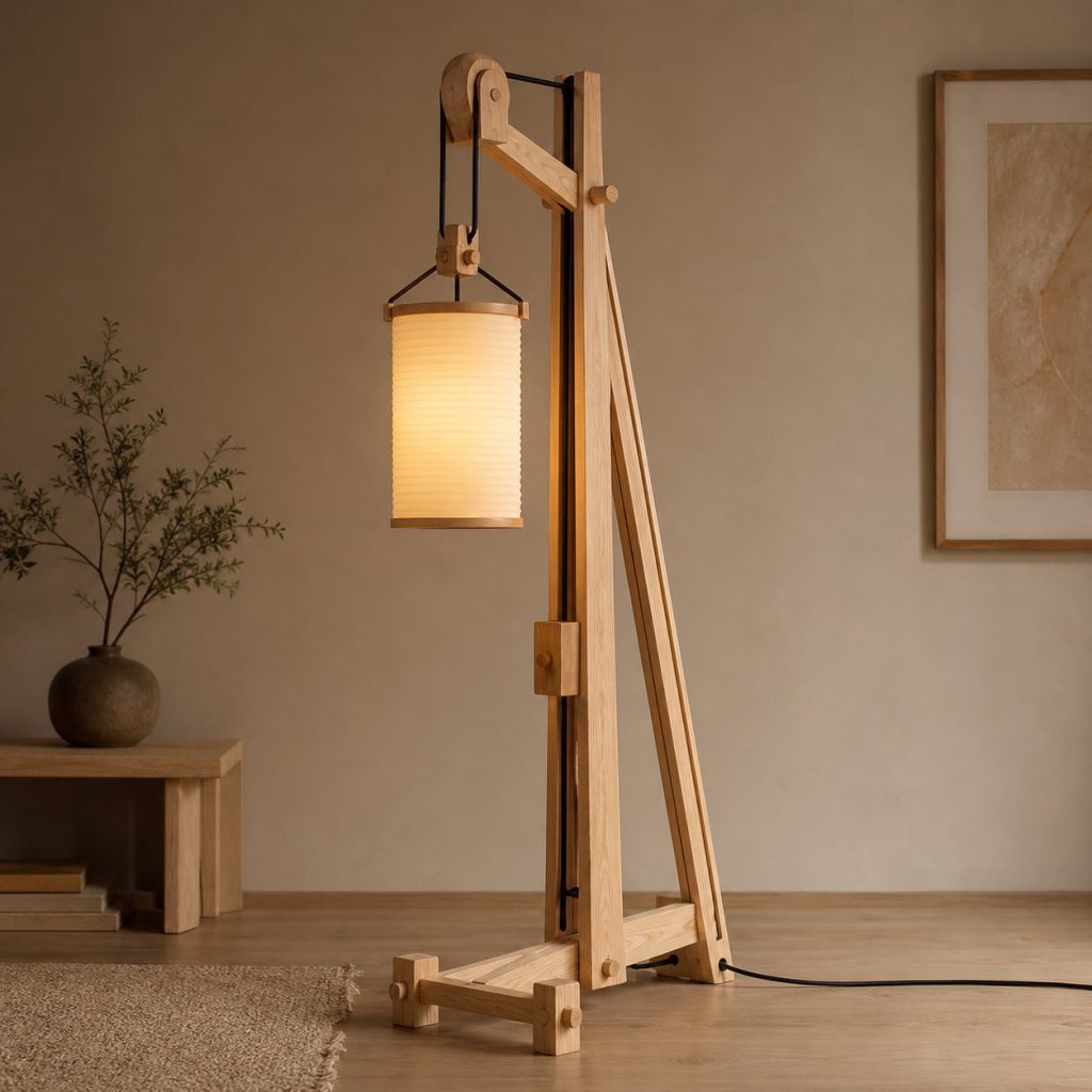 Ash A-Frame Pulley Lamp shown as an original square photorealistic wooden pulley lamp with believable joinery, warm diffused light, and protected hardware