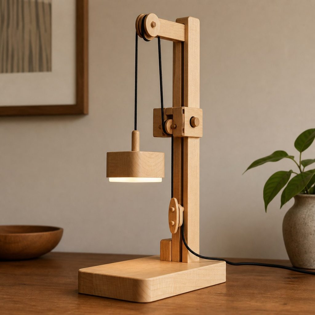 Maple Desktop Pulley Lamp shown as an original square photorealistic wooden pulley lamp with believable joinery, warm diffused light, and protected hardware