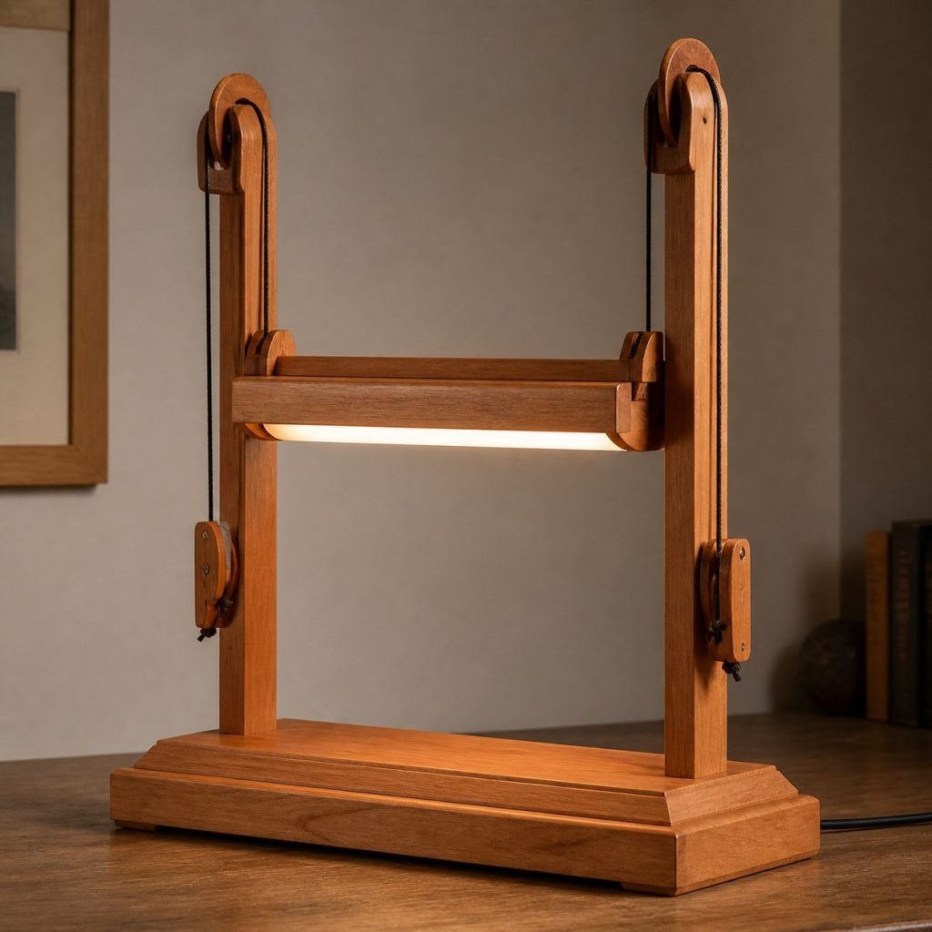 Cherry Twin-Pulley Library Lamp shown as an original square photorealistic wooden pulley lamp with believable joinery, warm diffused light, and protected hardware