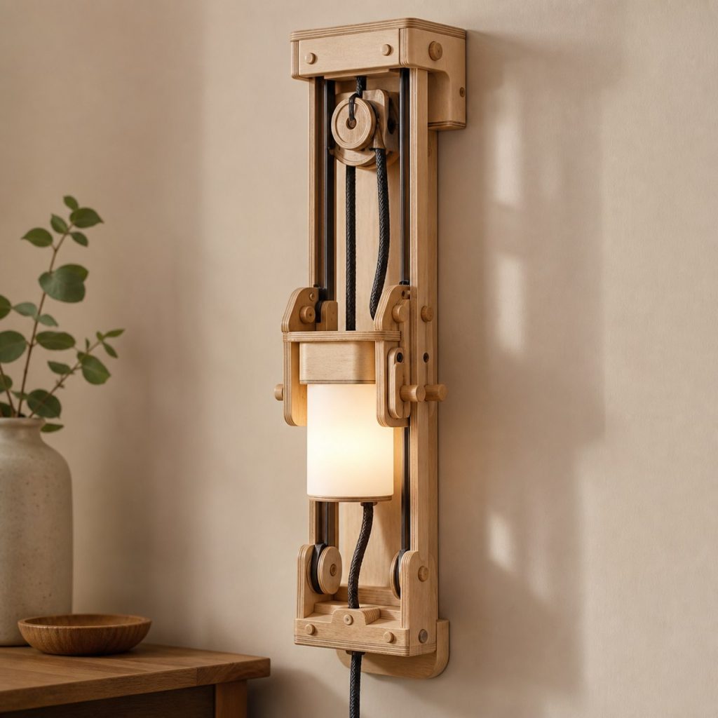 Plywood Wall-Track Pulley Lamp shown as an original square photorealistic wooden pulley lamp with believable joinery, warm diffused light, and protected hardware