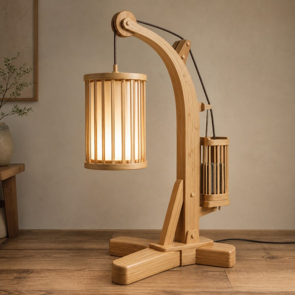 Bamboo Pulley Arc Lamp shown as an original square photorealistic wooden pulley lamp with believable joinery, warm diffused light, and protected hardware
