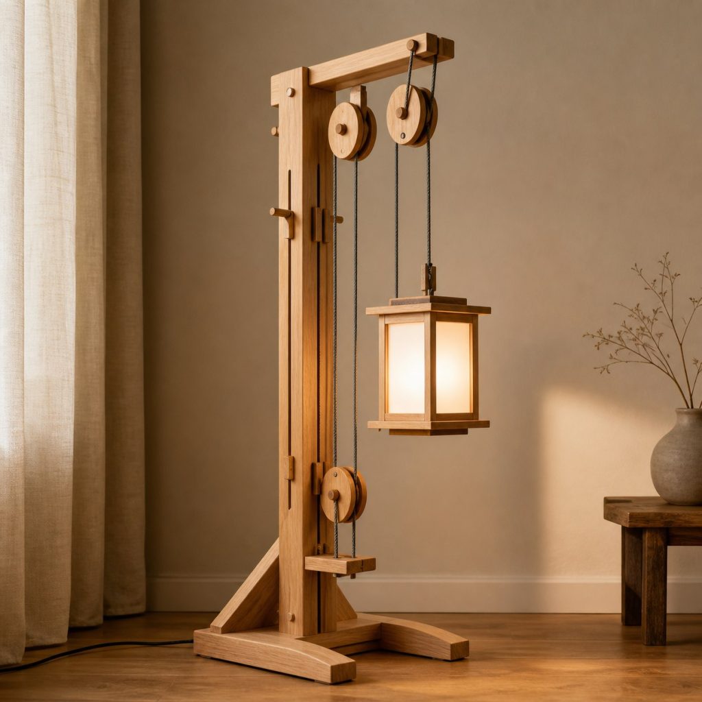 Beech Block-and-Tackle Lamp shown as an original square photorealistic wooden pulley lamp with believable joinery, warm diffused light, and protected hardware