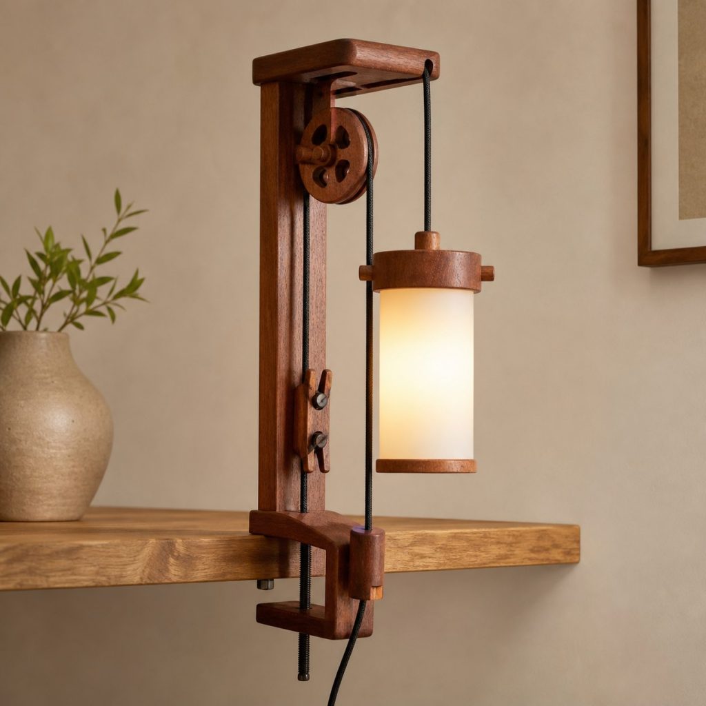 Sapele Shelf Pulley Lamp shown as an original square photorealistic wooden pulley lamp with believable joinery, warm diffused light, and protected hardware