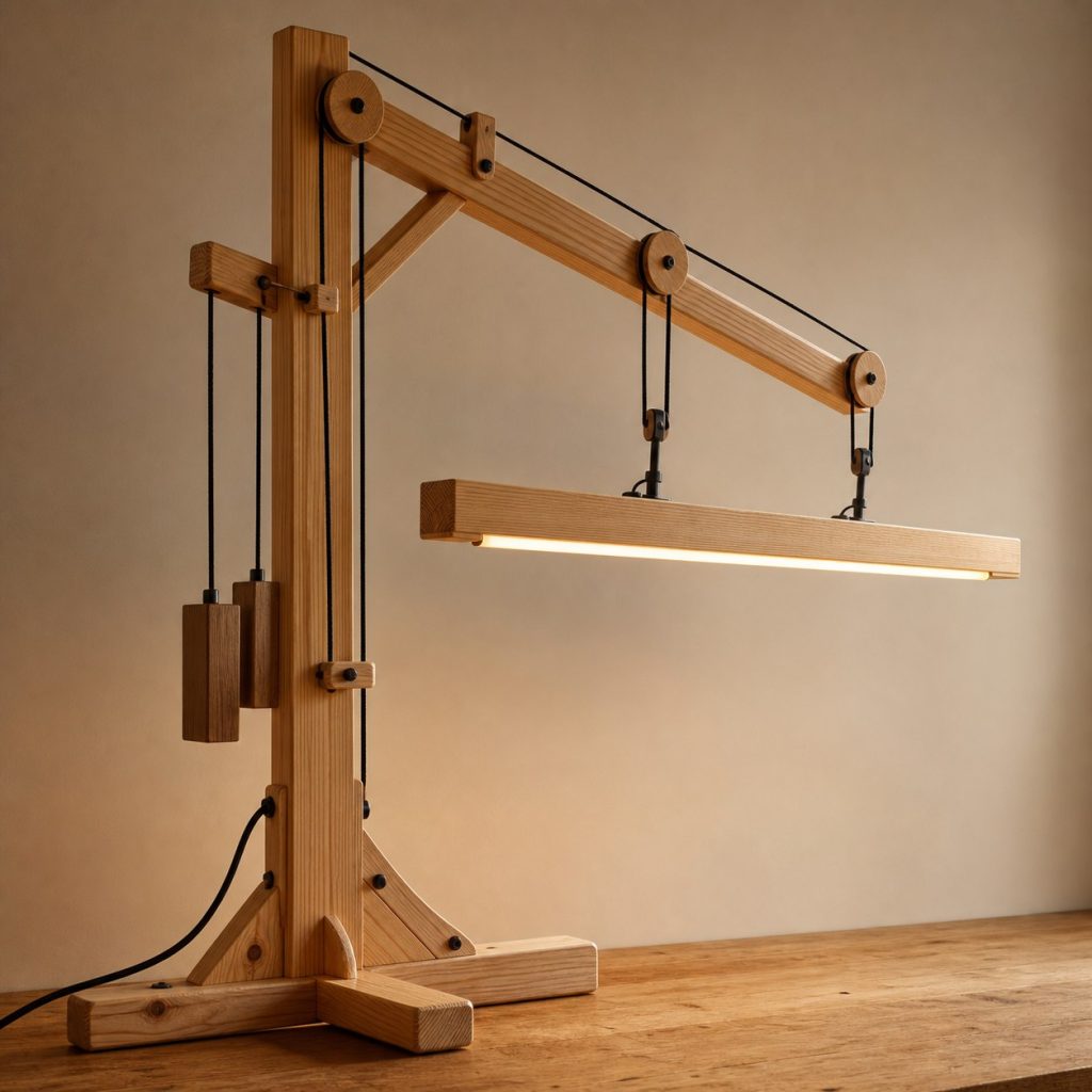 Pine Three-Pulley Beam Lamp shown as an original square photorealistic wooden pulley lamp with believable joinery, warm diffused light, and protected hardware