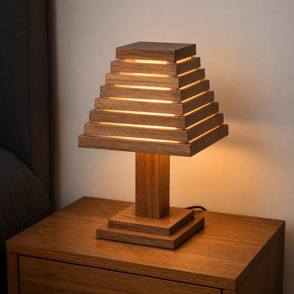 Walnut Stepped-Pyramid Lamp shown as an original square photorealistic wooden pyramid lamp with authentic wood grain, warm diffused light, and a short dark power cord