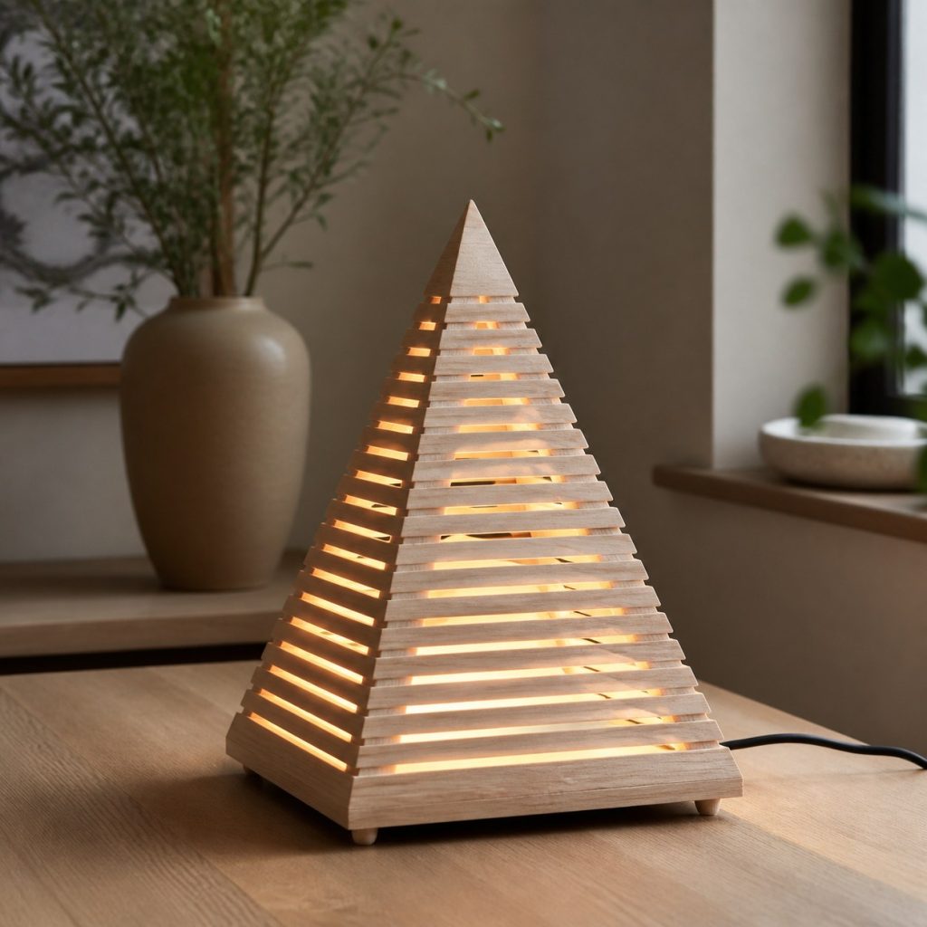 Slatted Ash Pyramid Lamp shown as an original square photorealistic wooden pyramid lamp with authentic wood grain, warm diffused light, and a short dark power cord