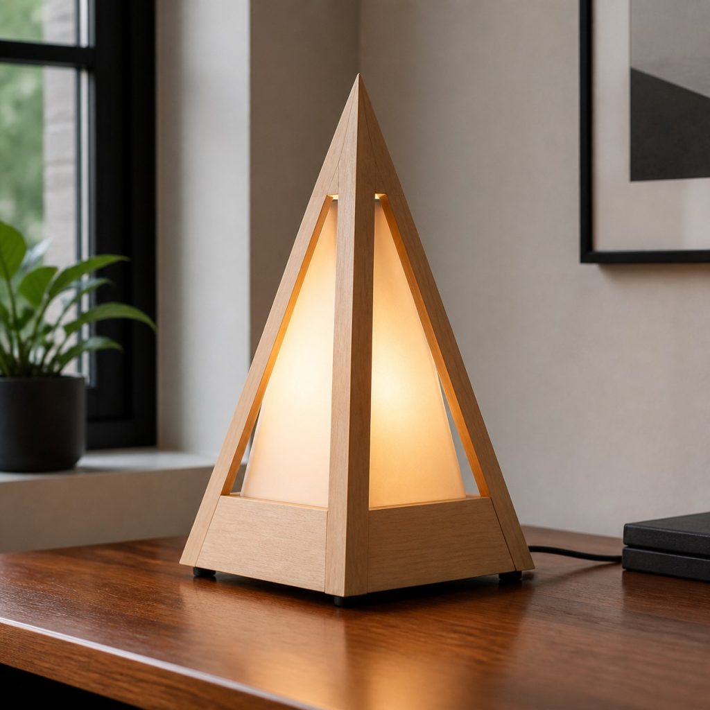 Open-Frame Maple Pyramid Lamp shown as an original square photorealistic wooden pyramid lamp with authentic wood grain, warm diffused light, and a short dark power cord