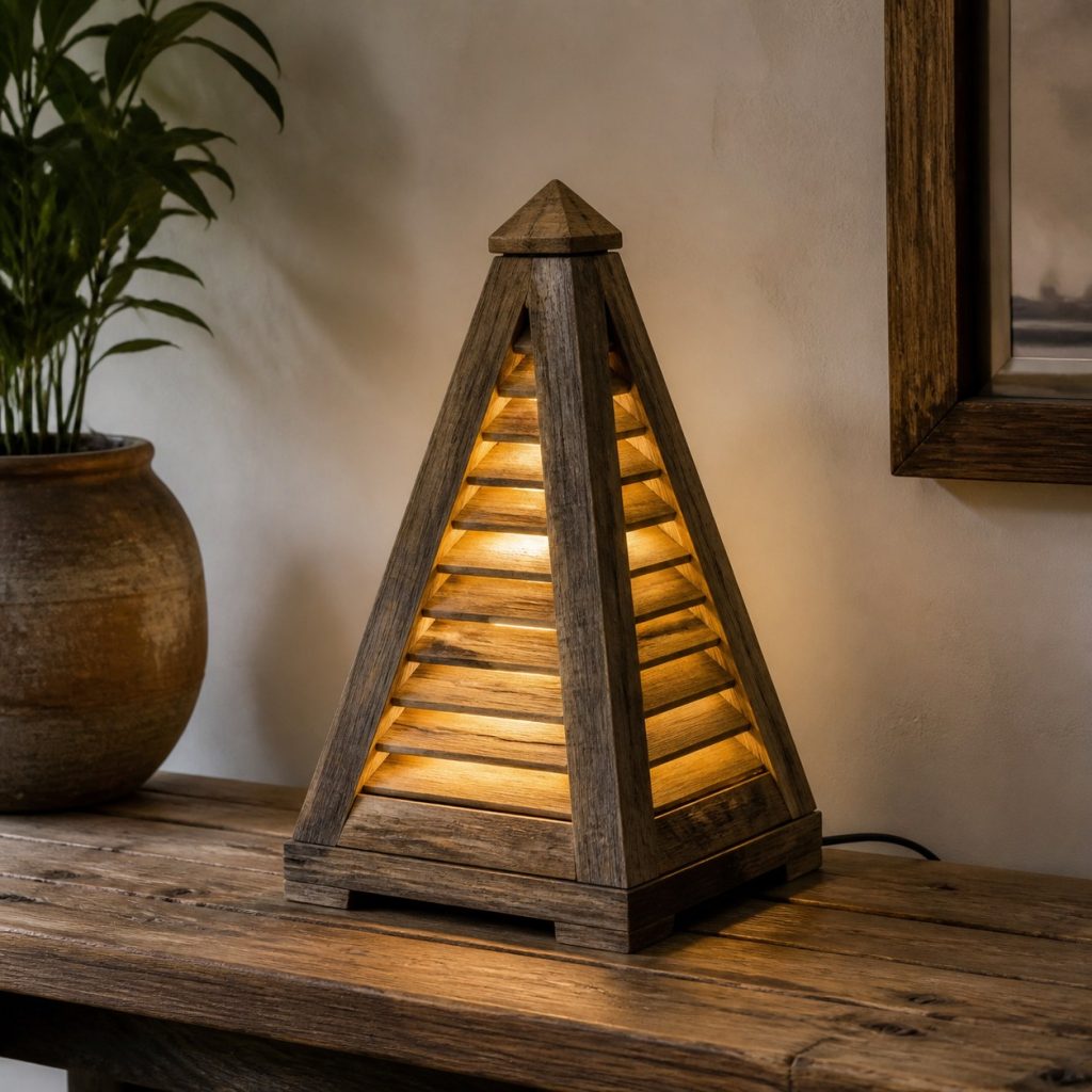 Reclaimed Timber Pyramid Lantern shown as an original square photorealistic wooden pyramid lamp with authentic wood grain, warm diffused light, and a short dark power cord