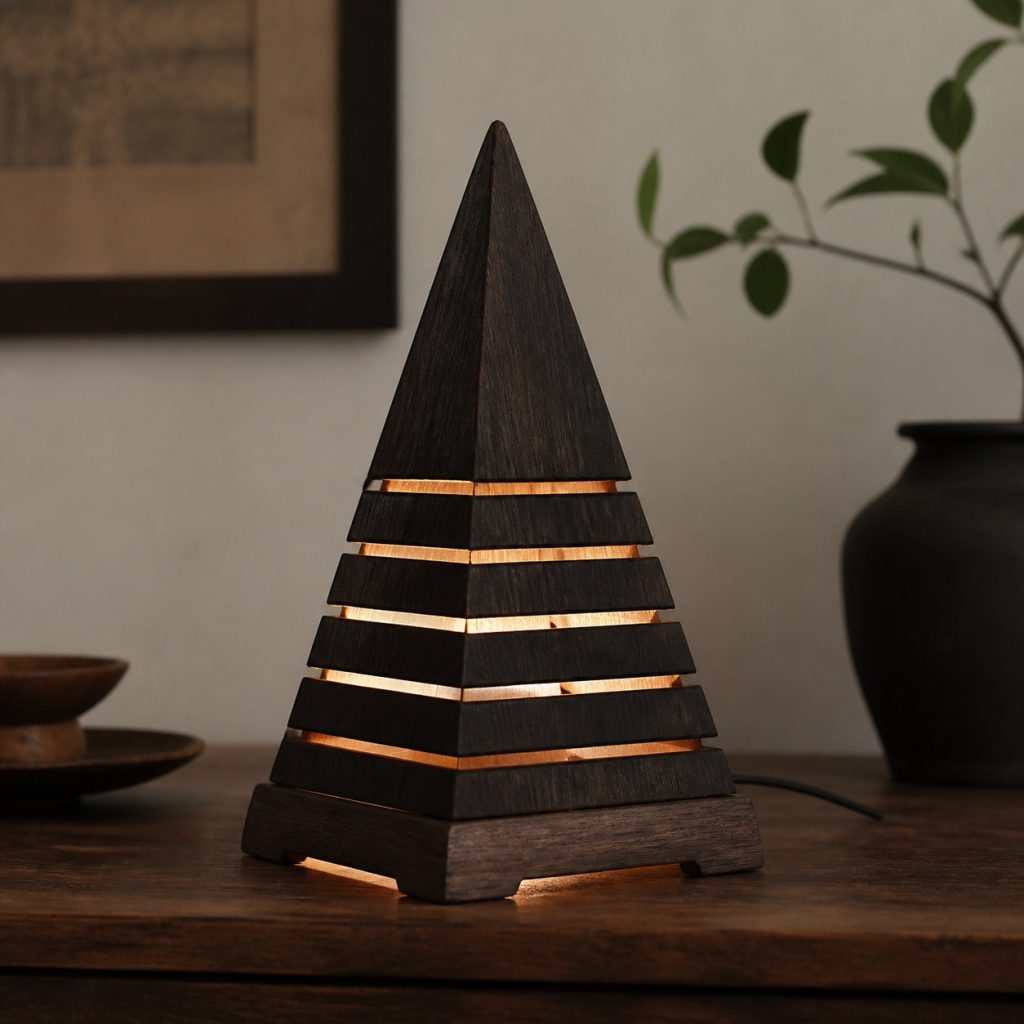 Charred Oak Pyramid Lamp shown as an original square photorealistic wooden pyramid lamp with authentic wood grain, warm diffused light, and a short dark power cord