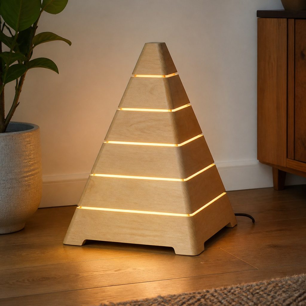 Laminated Birch Pyramid Lamp shown as an original square photorealistic wooden pyramid lamp with authentic wood grain, warm diffused light, and a short dark power cord