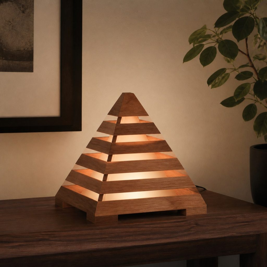 Cherry Geometric Pyramid Lamp shown as an original square photorealistic wooden pyramid lamp with authentic wood grain, warm diffused light, and a short dark power cord