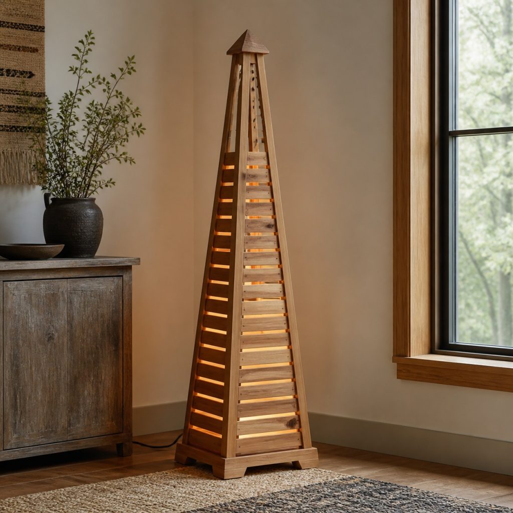 Tall Cedar Pyramid Floor Lamp shown as an original square photorealistic wooden pyramid lamp with authentic wood grain, warm diffused light, and a short dark power cord