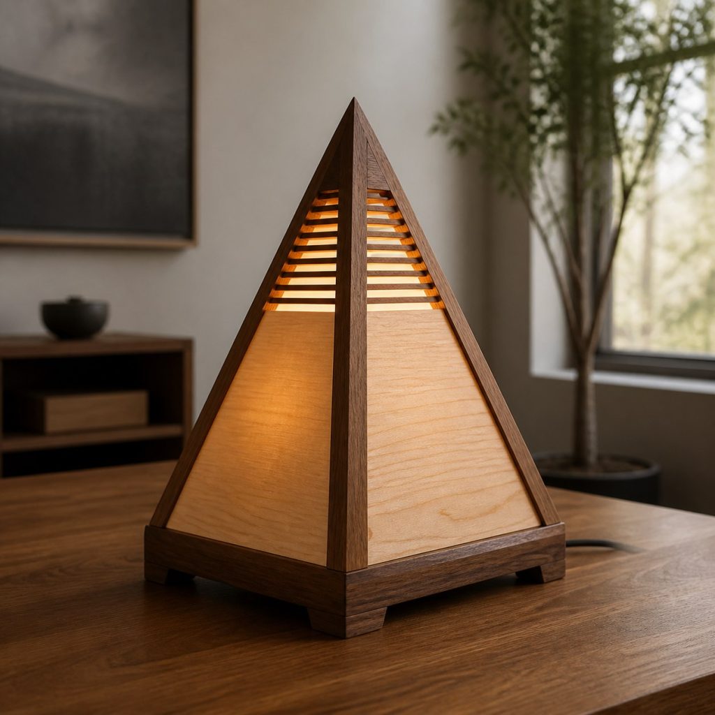 Walnut and Maple Pyramid Lamp shown as an original square photorealistic wooden pyramid lamp with authentic wood grain, warm diffused light, and a short dark power cord