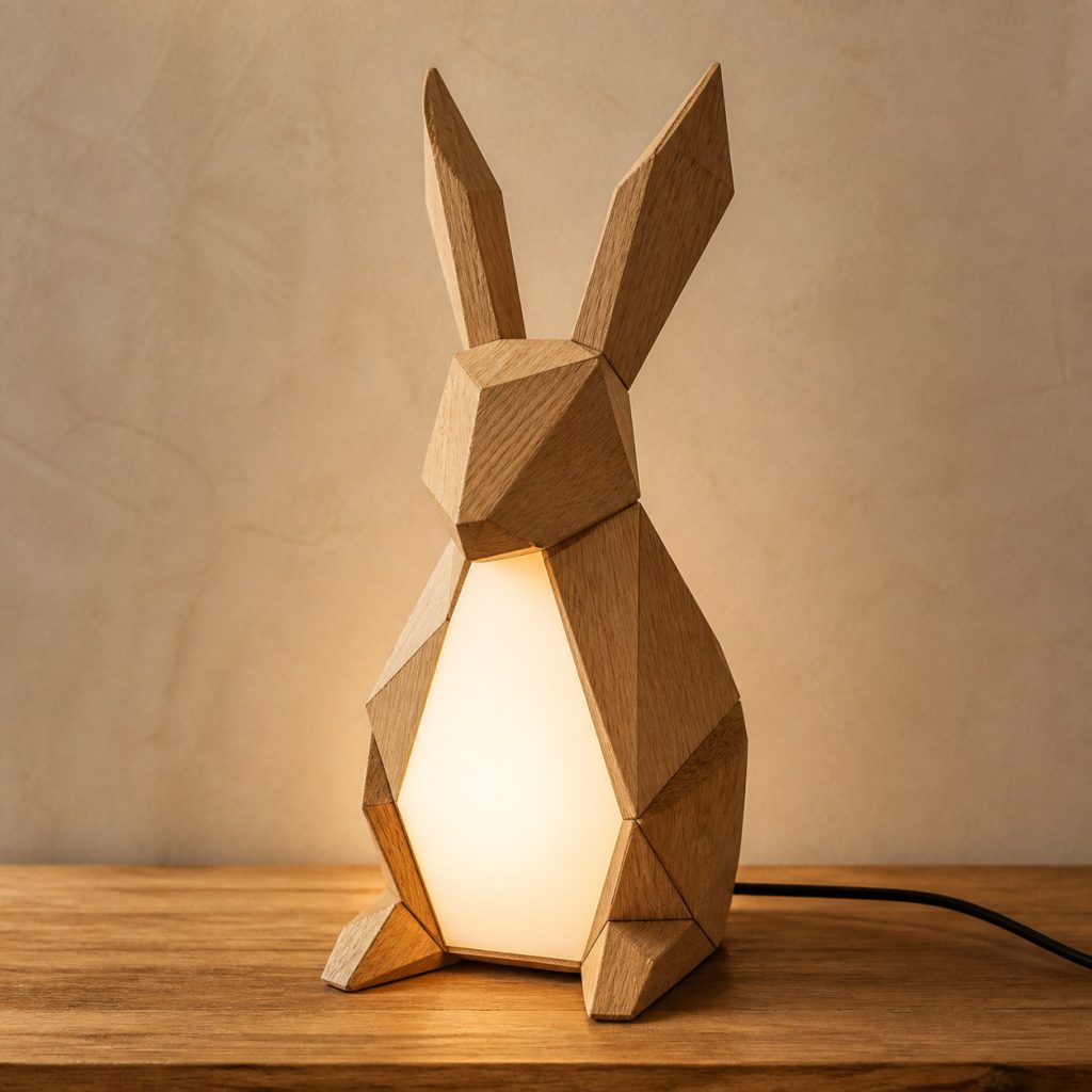 Faceted Rabbit Belly Lamp shown as an original square photorealistic wooden rabbit lamp with authentic wood grain, recognizable animal form, and warm diffused light