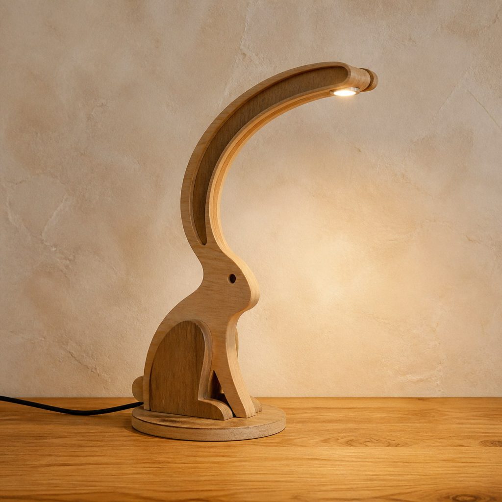 Long-Ear Rabbit Desk Lamp shown as an original square photorealistic wooden rabbit lamp with authentic wood grain, recognizable animal form, and warm diffused light