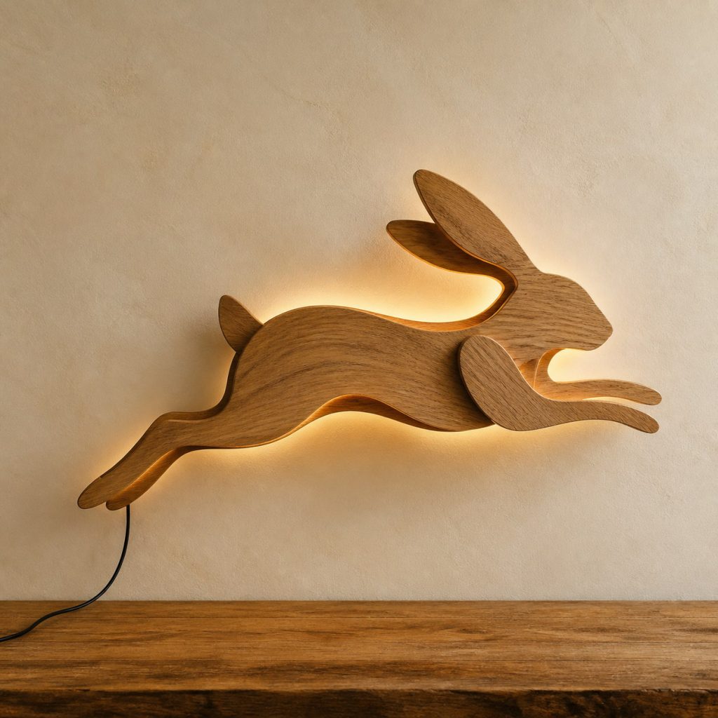Leaping Rabbit Wall Sconce shown as an original square photorealistic wooden rabbit lamp with authentic wood grain, recognizable animal form, and warm diffused light