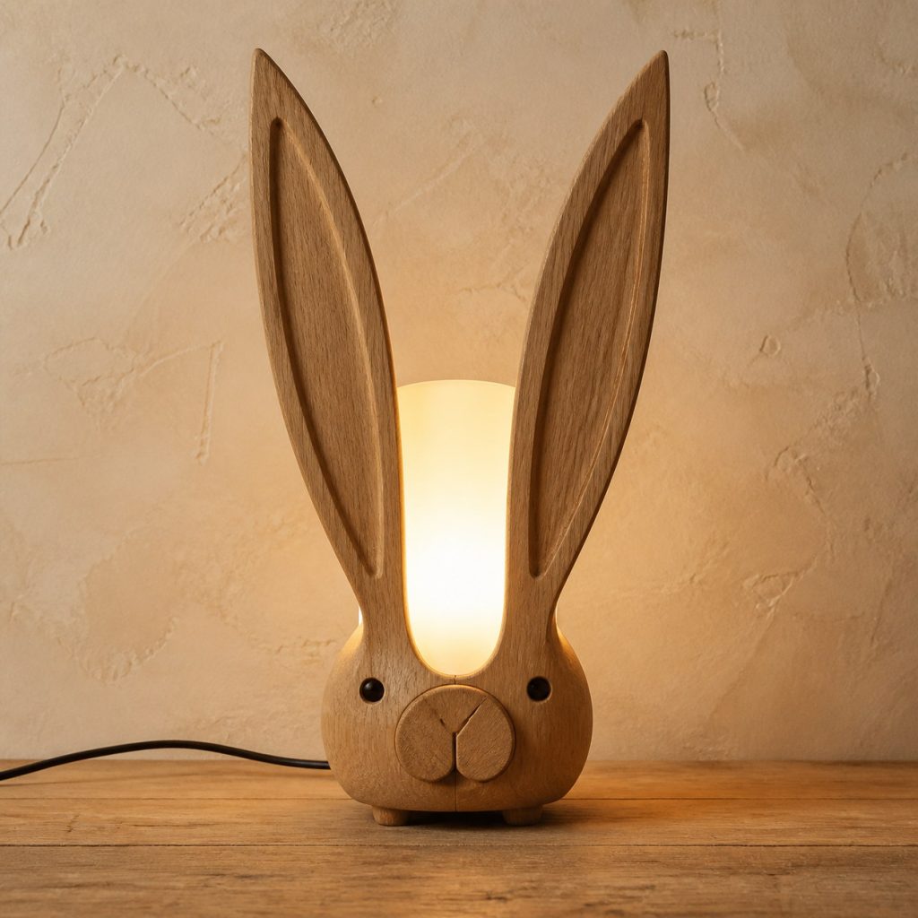 Rabbit Face Diffuser Lamp shown as an original square photorealistic wooden rabbit lamp with authentic wood grain, recognizable animal form, and warm diffused light