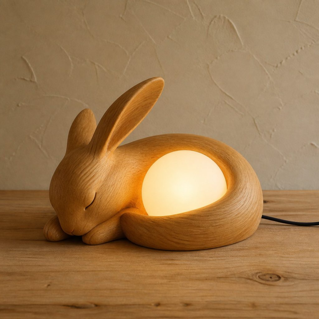 Sleeping Rabbit Orb Lamp shown as an original square photorealistic wooden rabbit lamp with authentic wood grain, recognizable animal form, and warm diffused light