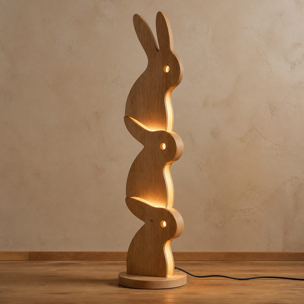 Stacked Rabbit Floor Lamp shown as an original square photorealistic wooden rabbit lamp with authentic wood grain, recognizable animal form, and warm diffused light