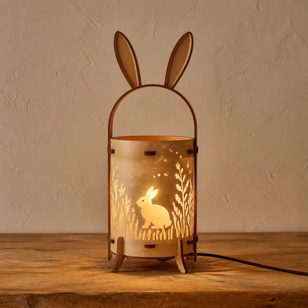 Rabbit Meadow Lantern shown as an original square photorealistic wooden rabbit lamp with authentic wood grain, recognizable animal form, and warm diffused light