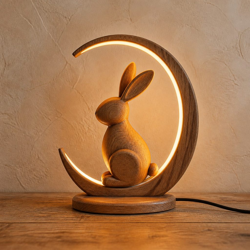 Rabbit Crescent-Moon Lamp shown as an original square photorealistic wooden rabbit lamp with authentic wood grain, recognizable animal form, and warm diffused light
