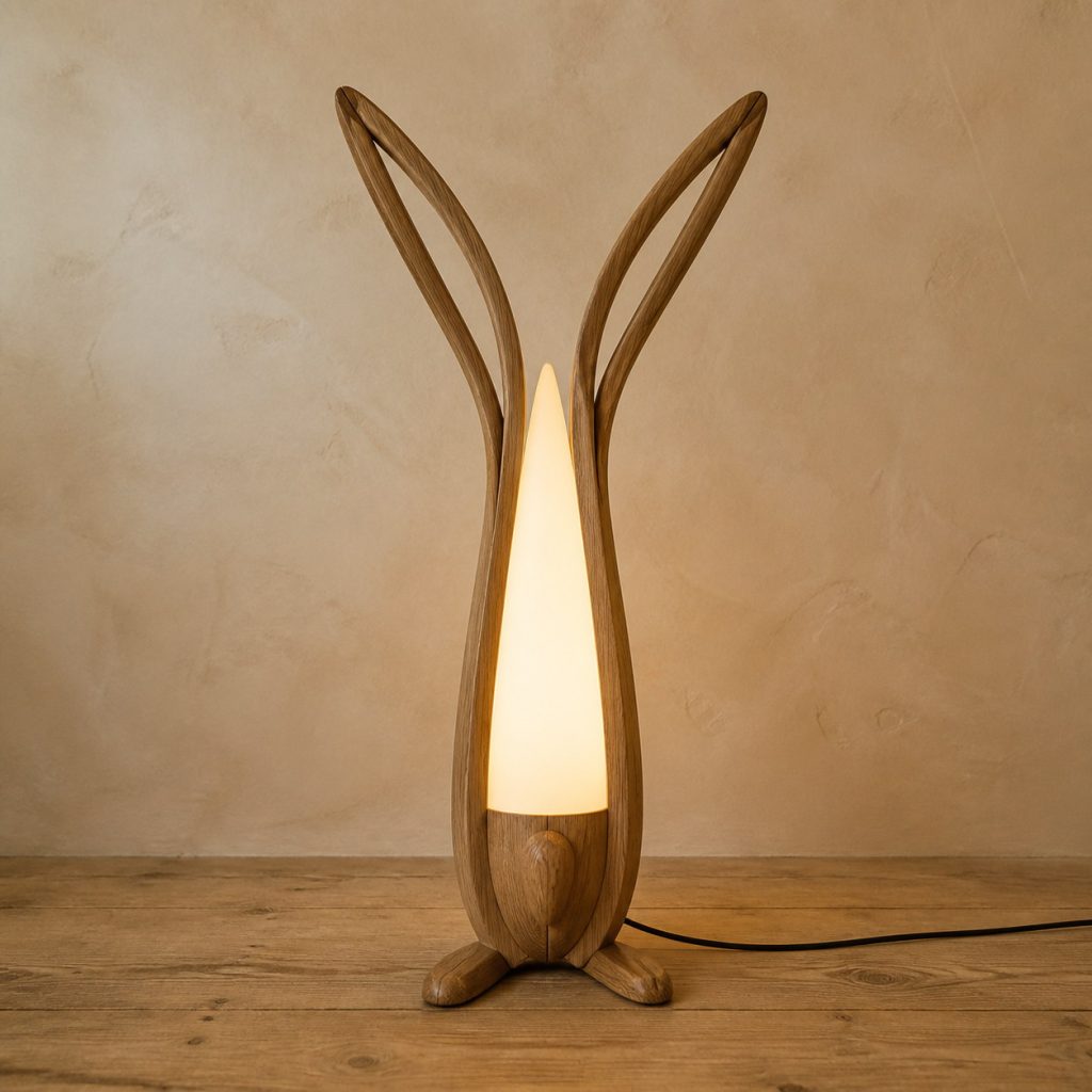 Twin-Ear Rabbit Floor Lamp shown as an original square photorealistic wooden rabbit lamp with authentic wood grain, recognizable animal form, and warm diffused light